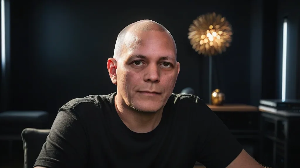 A generated portrait of a bald man in a black T-shirt seated in a dark room, with a spiky golden lamp and a gold ornament behind him.