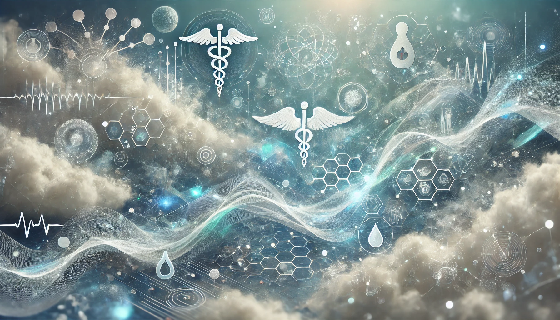 Abstract illustration of medical symbols, waveforms and molecular hexagons drifting through pale blue clouds.