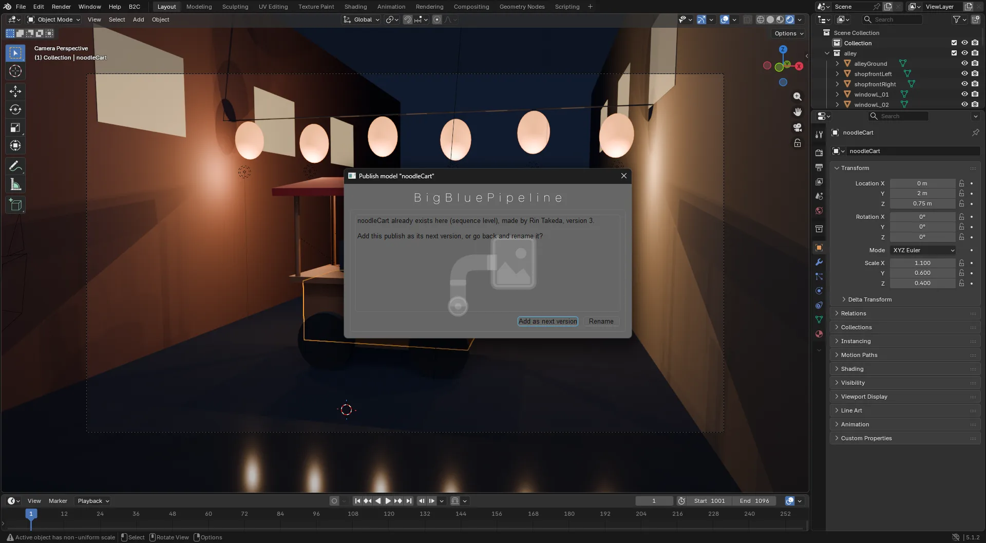 A prompt over the Blender viewport saying noodleCart already exists at sequence level, made by Rin Takeda, version 3, with buttons to add it as the next version or rename it.