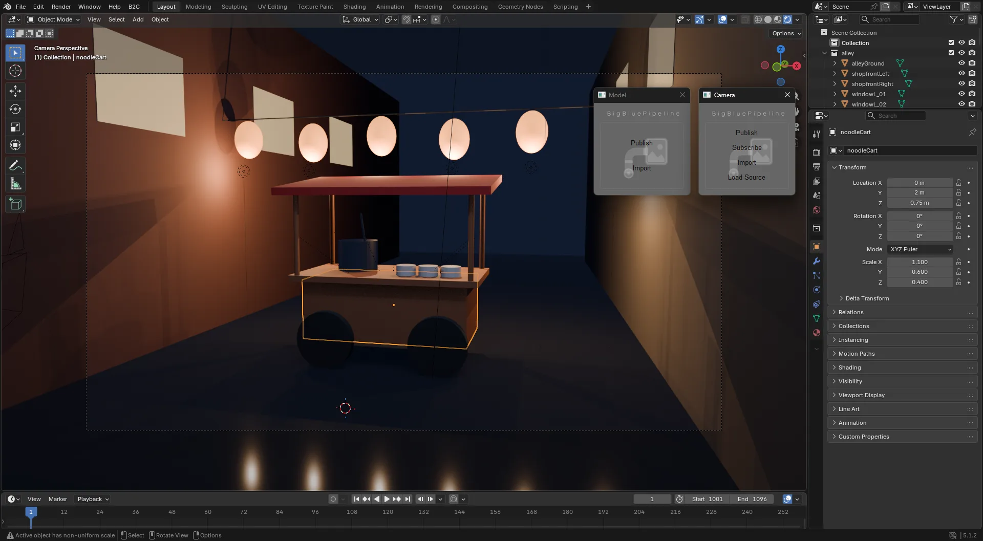 The same Blender scene with two small floating windows, the Model toolbox with Publish and Import and the Camera toolbox with Publish, Subscribe, Import and Load Source.