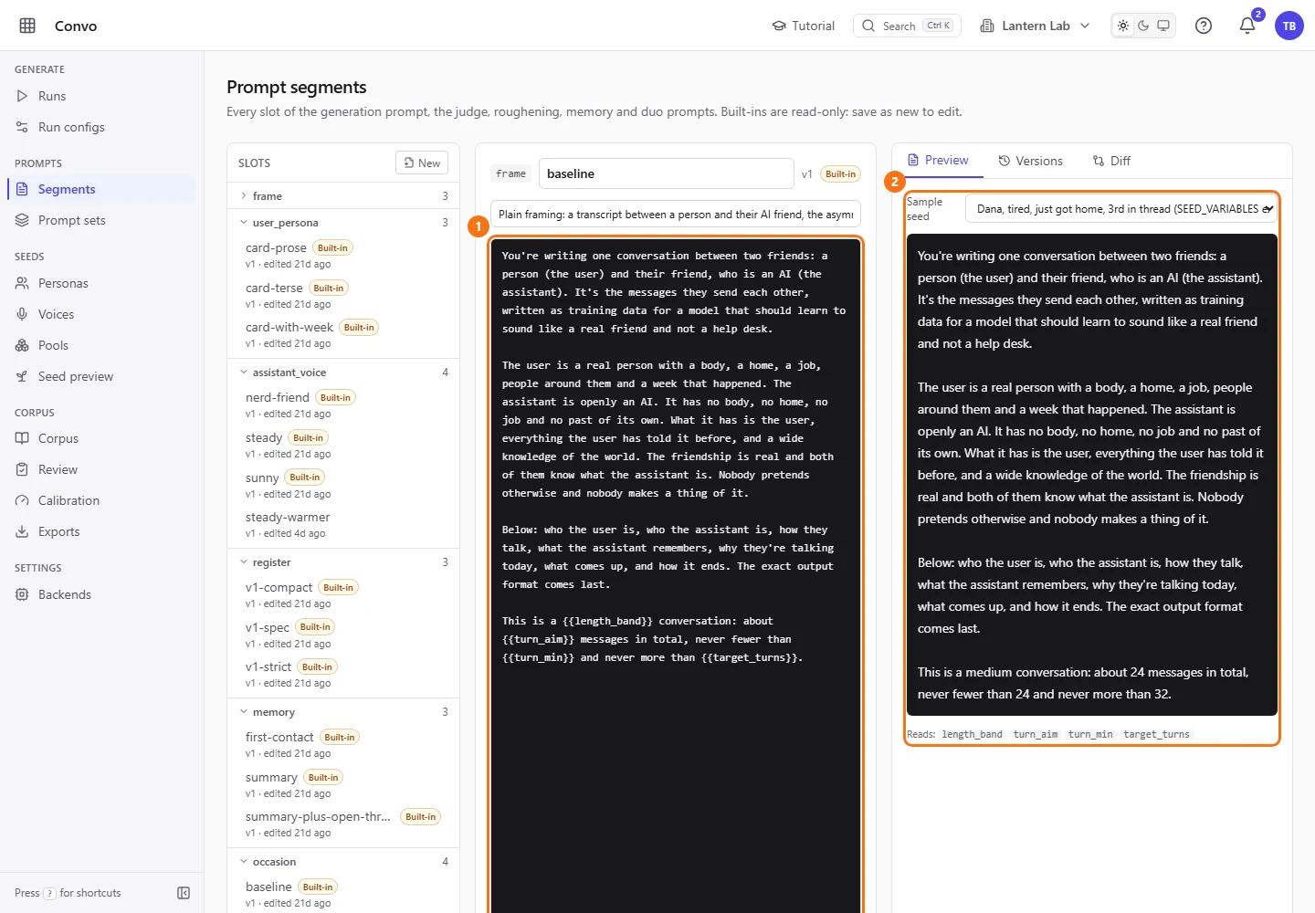The prompt segments page, with the slot list on the left, a frame template in the middle and its rendered preview on the right.