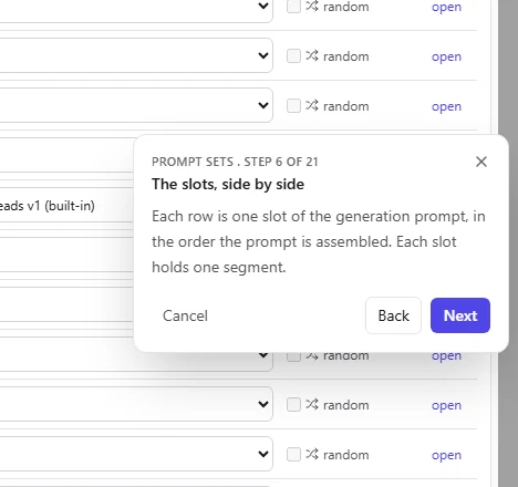 A guided-tour card over the prompt-set slot list, explaining the slots side by side, with Back, Next and Cancel.