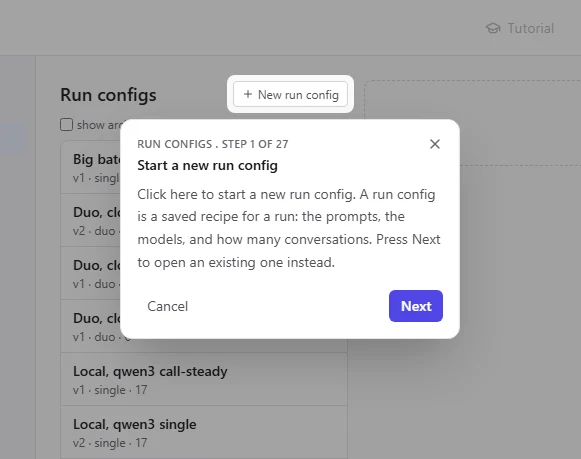 A tutorial card pointing at the New run config button, the first step of the run configs tour.