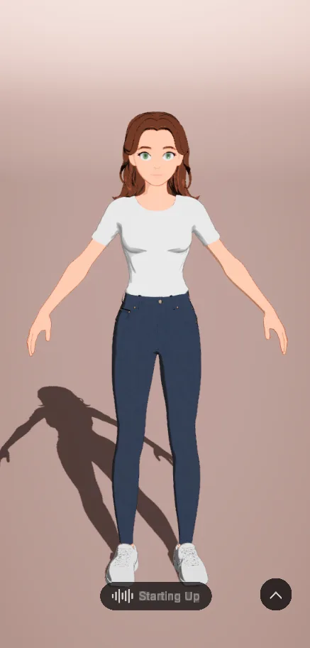 Frndo app home screen: a full-body toon avatar standing in a soft-lit room, with a 'Starting Up' voice indicator