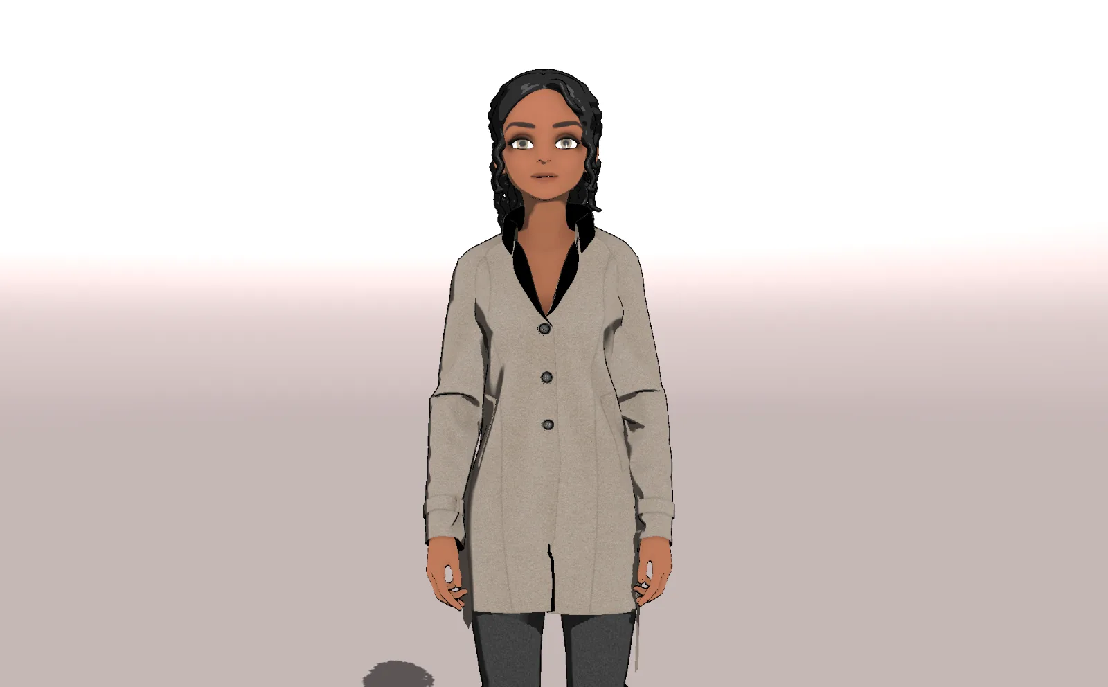 Frndo avatar Michelle, a woman with dark braided hair, in a long taupe button-up.