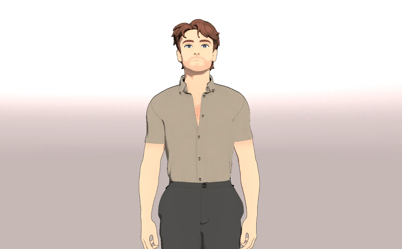 Frndo avatar Peter, a man with reddish-brown hair and light stubble, in an open-collared khaki shirt and dark trousers.