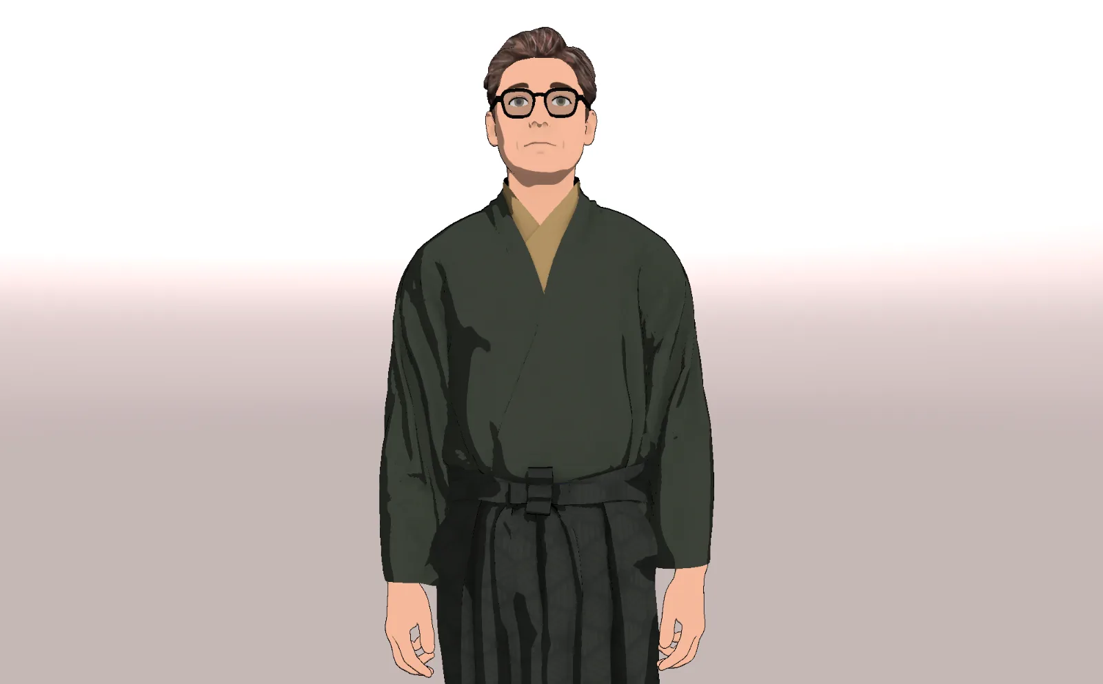 Frndo avatar Yamamoto, a man with swept-back hair and black-rimmed glasses, in a dark green robe over a mustard collar.