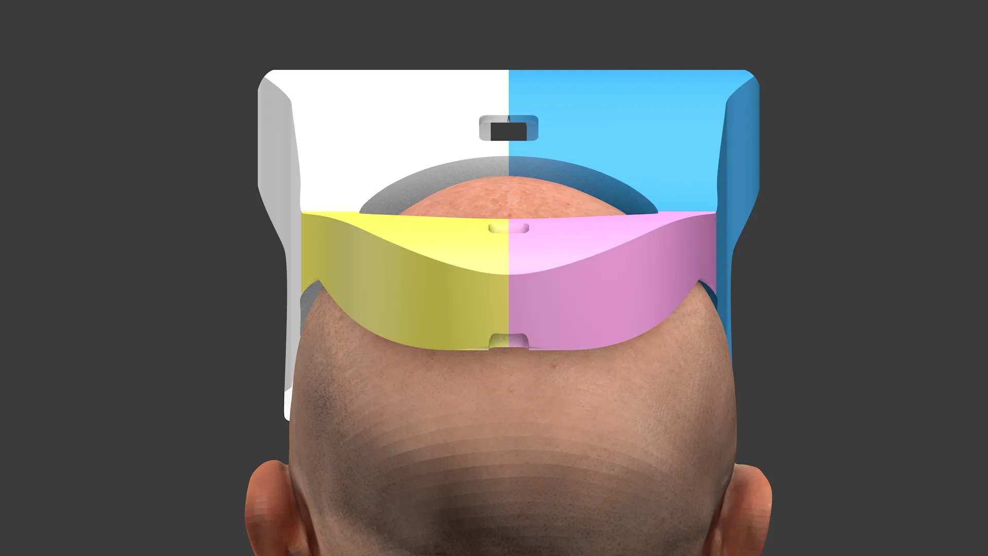 Render of the Pro v2 headset on a CG head with each printed part shown in a different color: blue, white, yellow and pink.