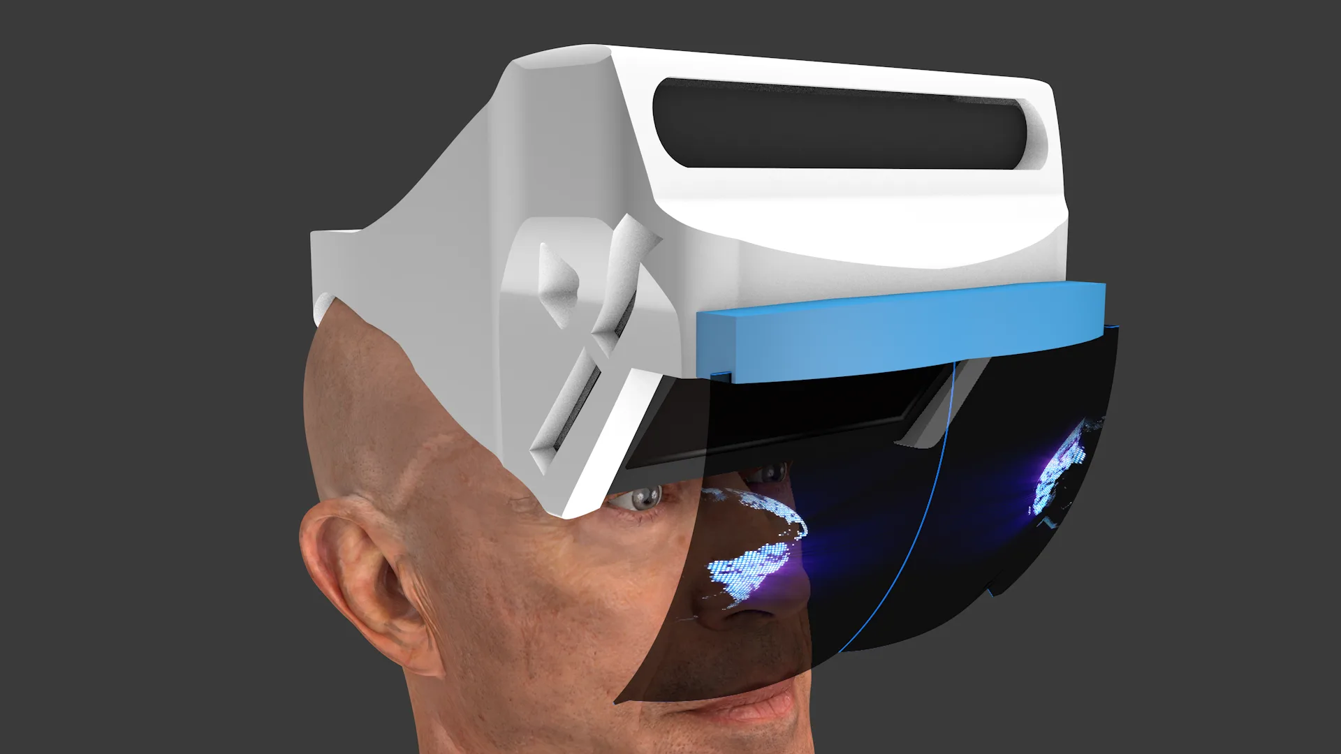 Render of a white headset with a blue visor bracket and a dark visor, on a CG head, with a glowing image visible in the visor.