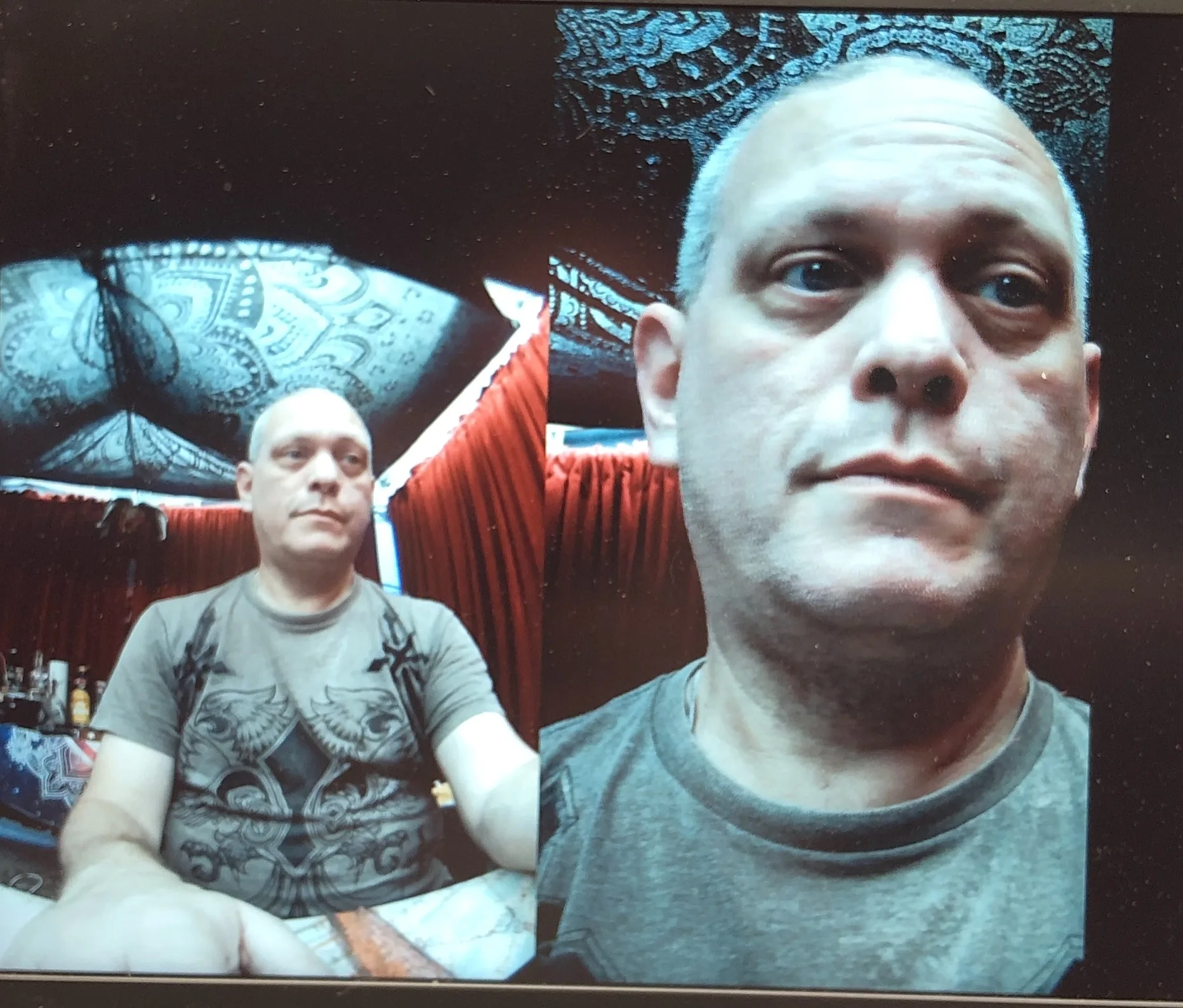 A screen split in two: on the left a wide fisheye view of a man sitting in a room, on the right a tight, detailed view of the same man's face.