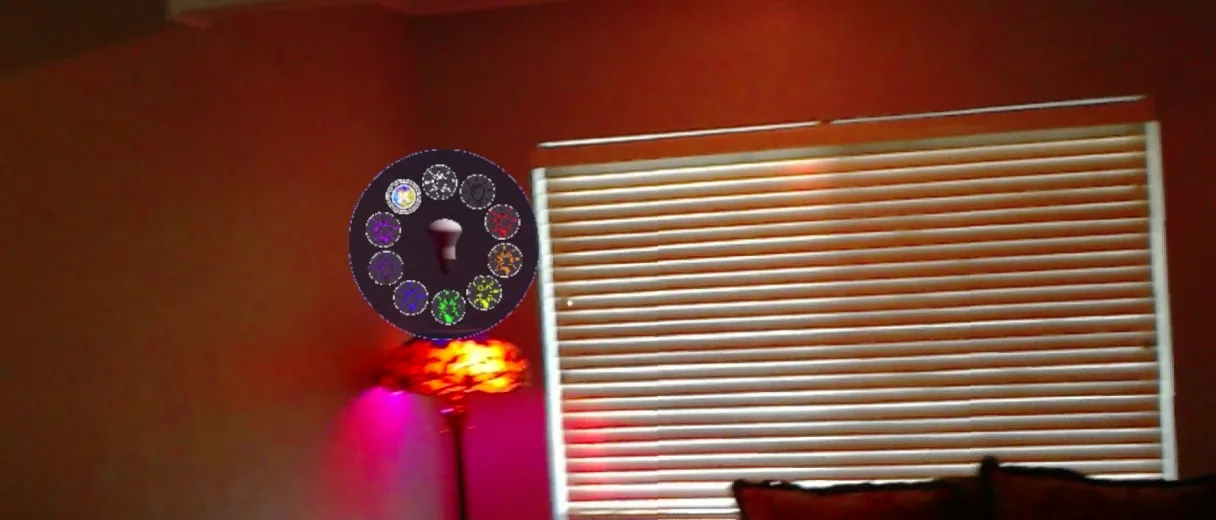 The same menu above the floor lamp, now glowing orange, with red light spilling onto the wall.