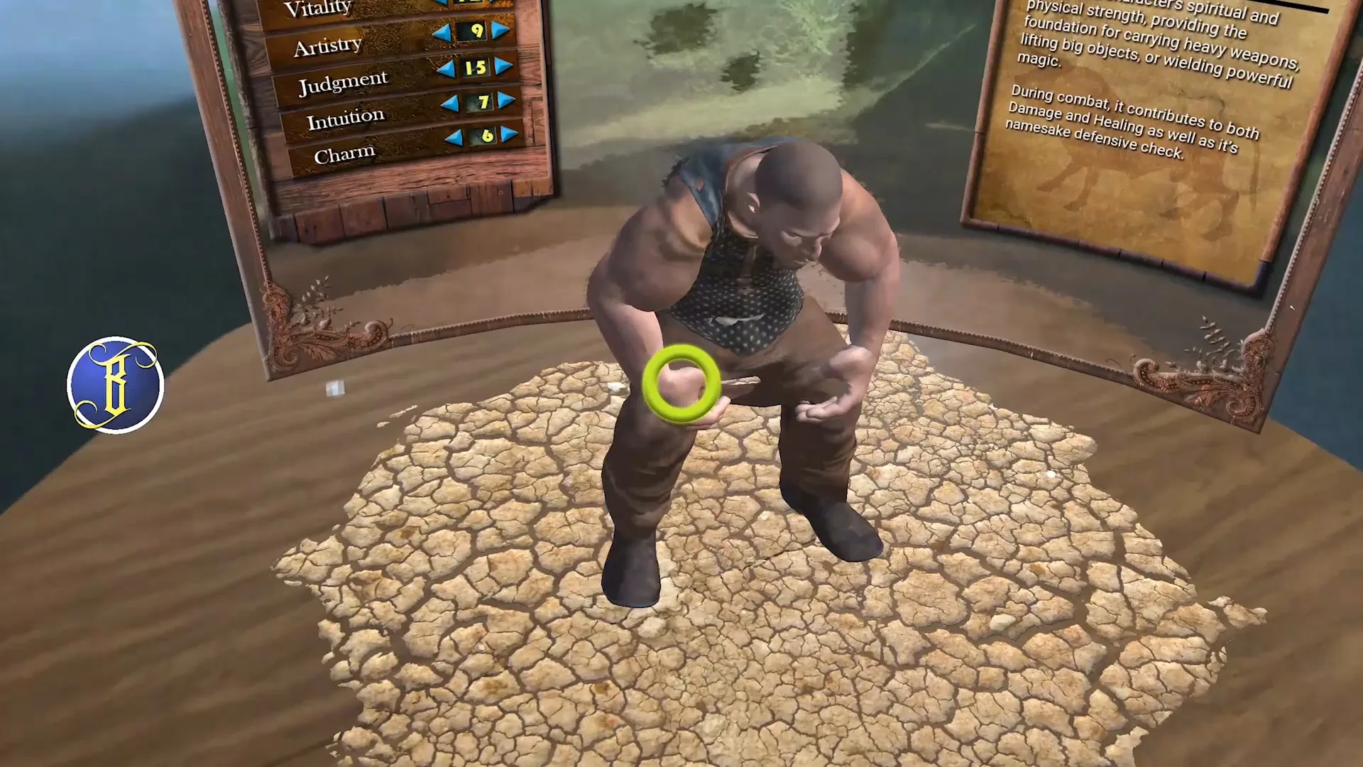 The character crouching on the cracked-earth platform, seen from slightly above, with the attribute panel behind.