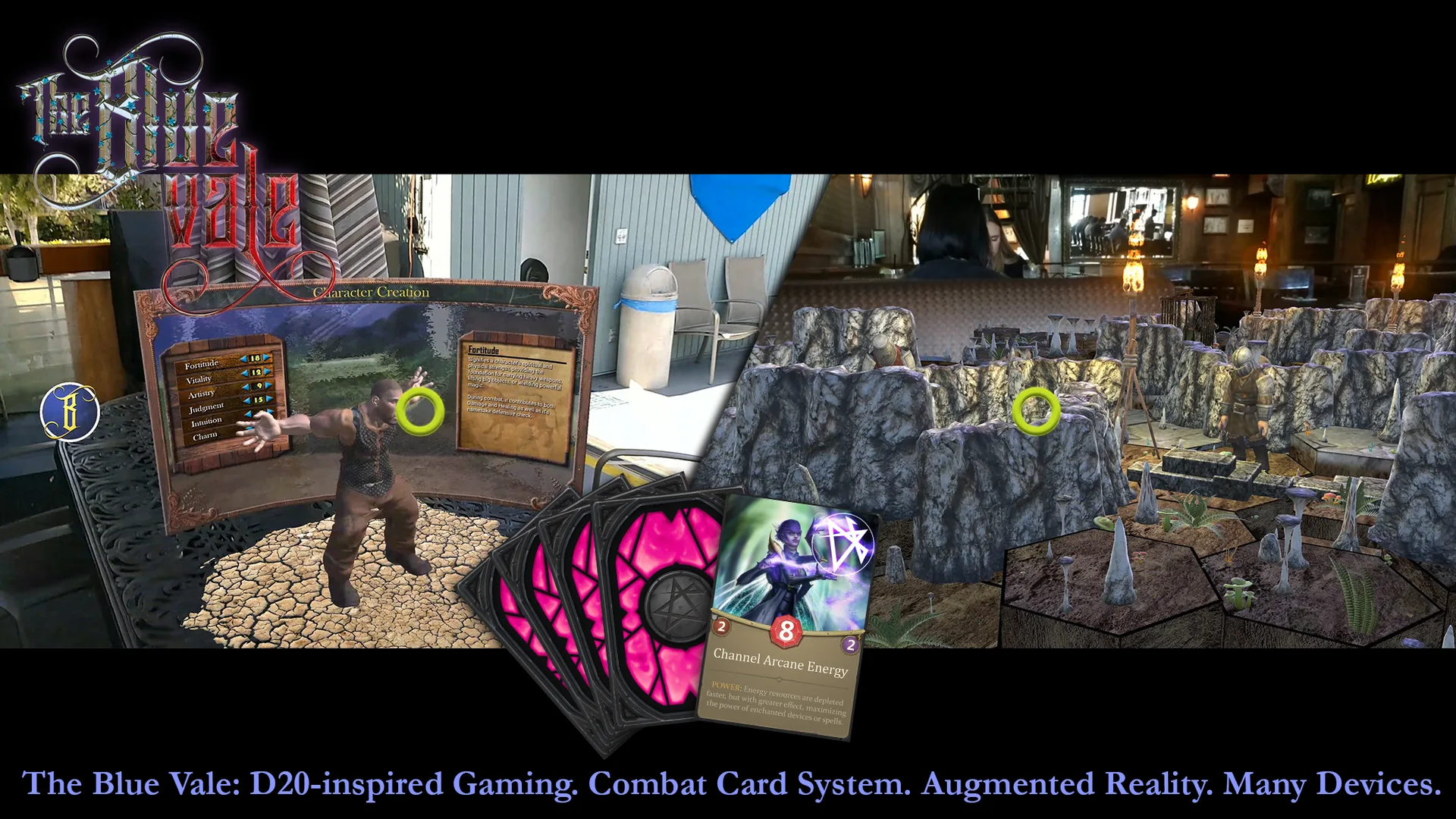 Campaign banner showing The Blue Vale logo, the character creation scene, a fan of combat cards and a dungeon level, with the line D20-inspired Gaming. Combat Card System. Augmented Reality. Many Devices.