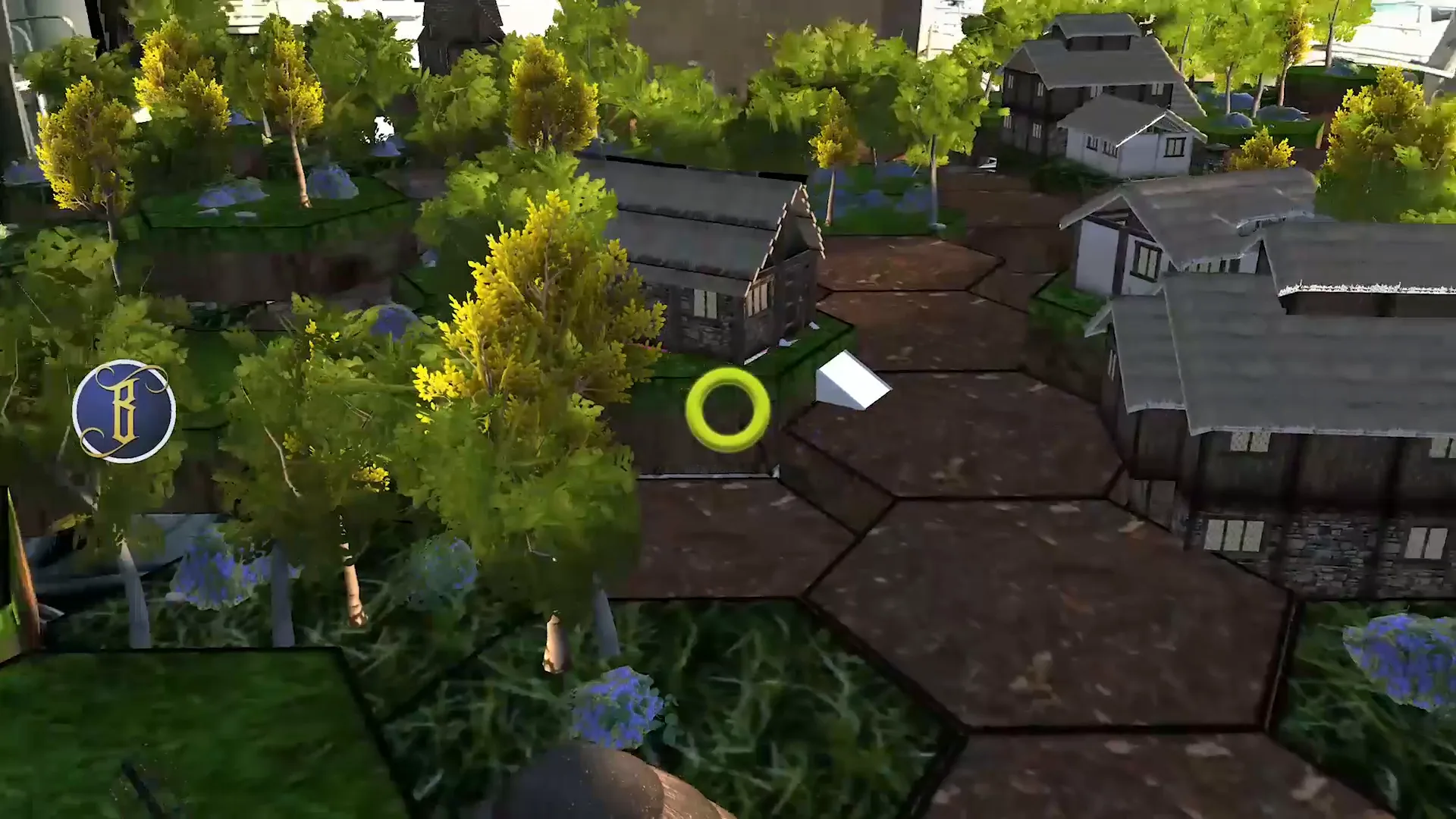 A woodland village of hex tiles with trees, cottages and dirt paths rendered on a tabletop.